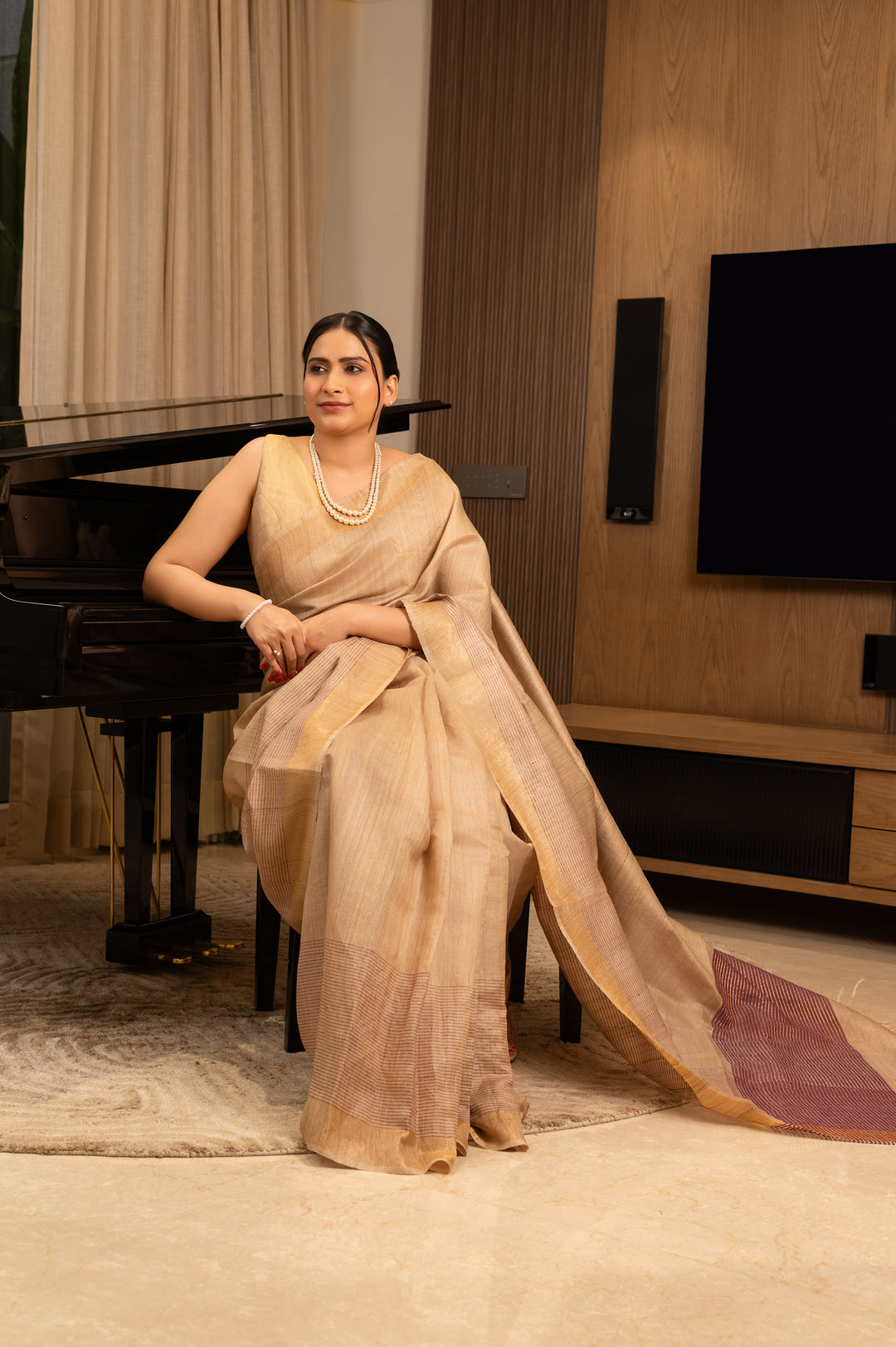 Beige Tussar Handloom Saree