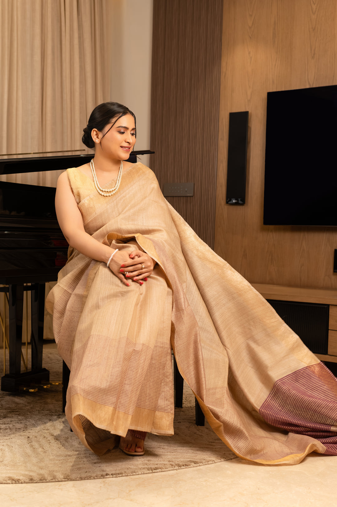 Beige Tussar Handloom Saree