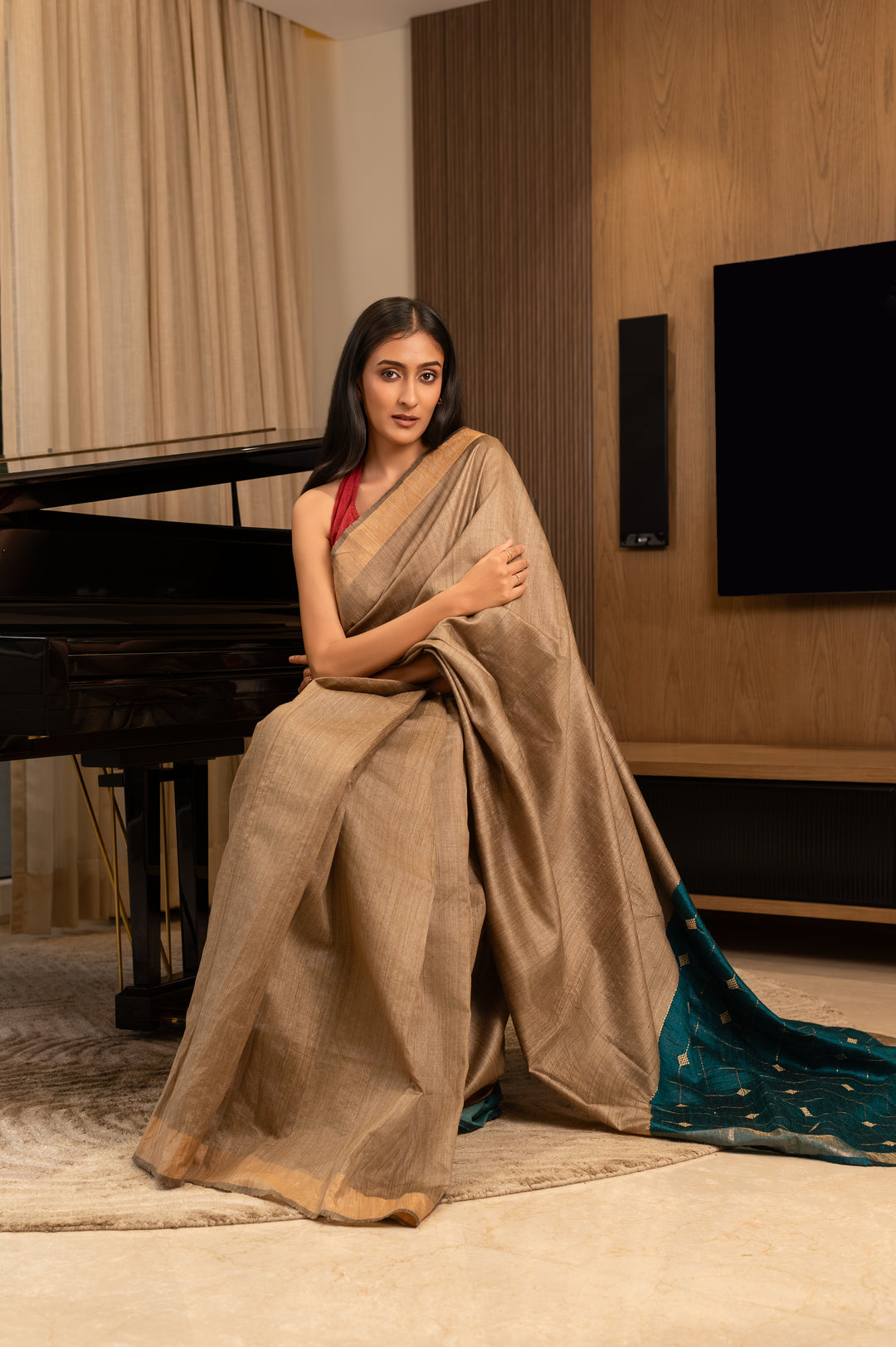 Teal Tussar Handloom Saree