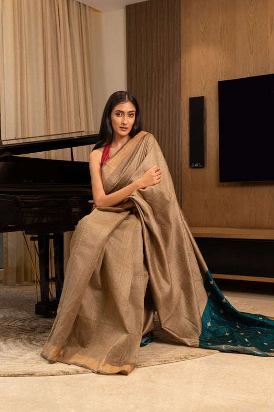 Teal Tussar Handloom Saree