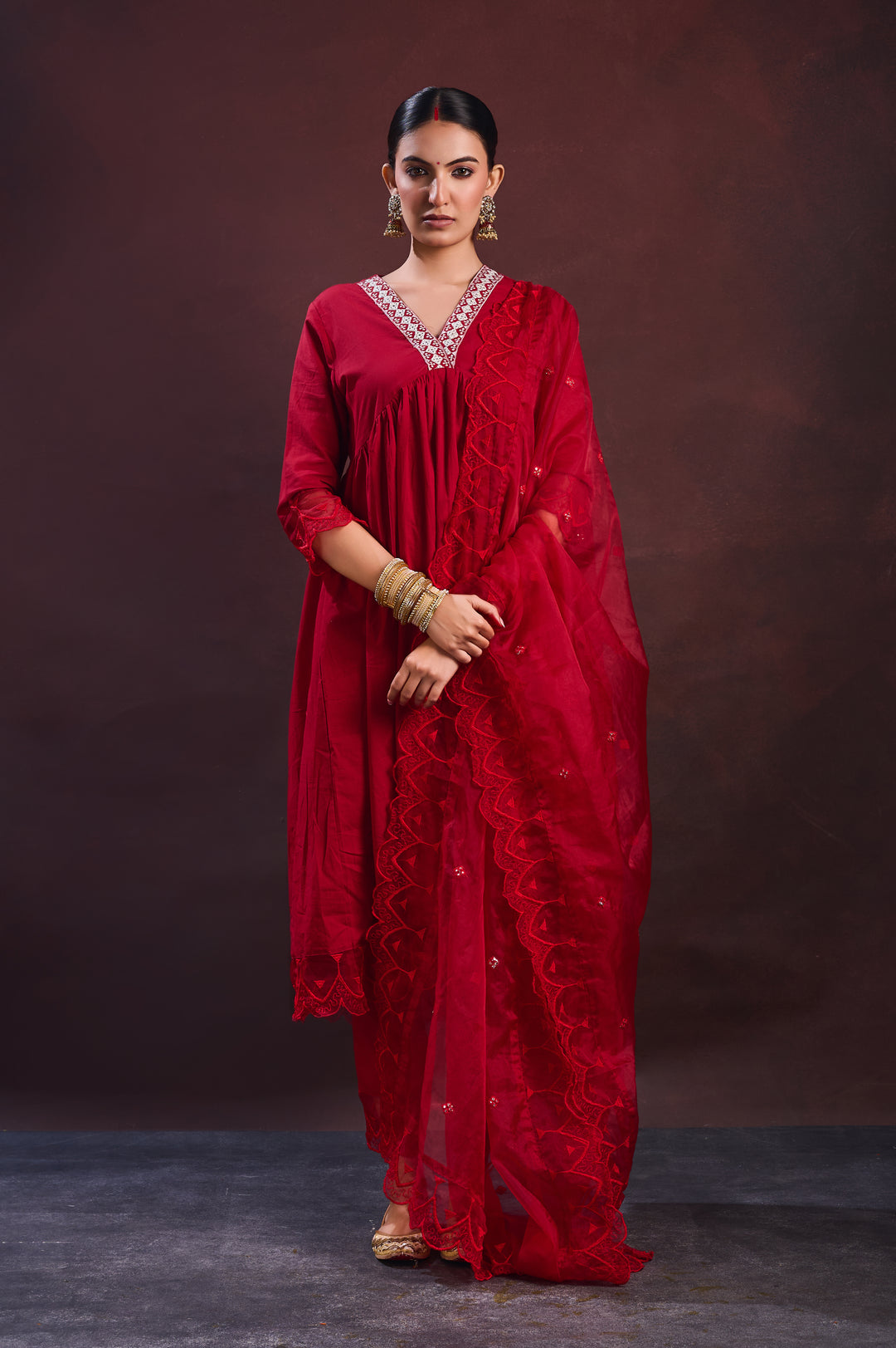 Red Embroidered A line Kurta Set