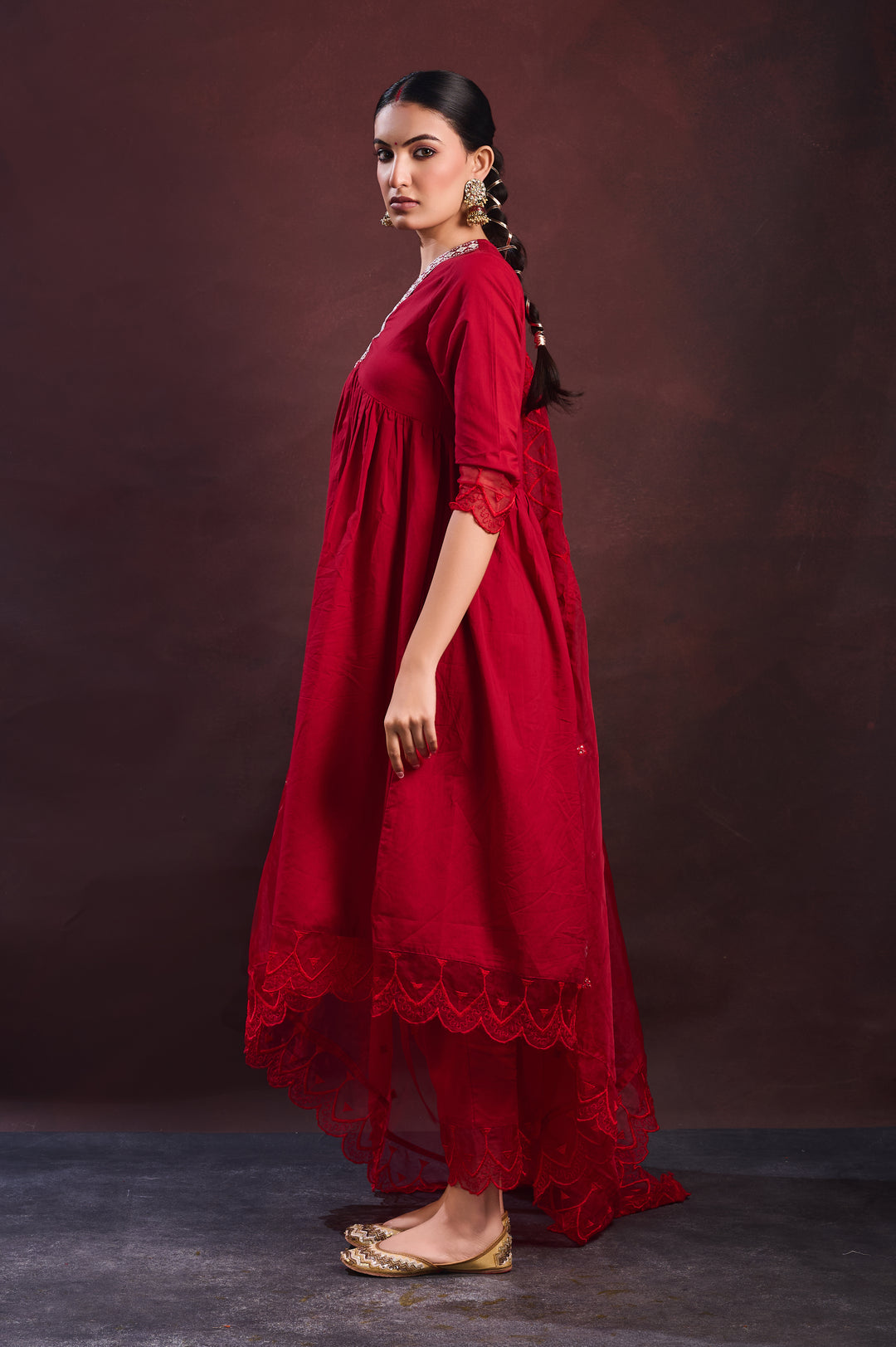 Red Embroidered A line Kurta Set