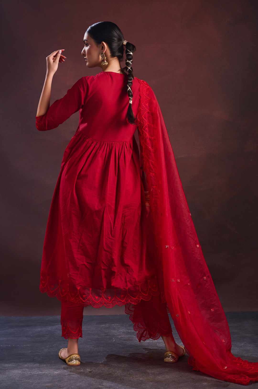 Red Embroidered A line Kurta Set