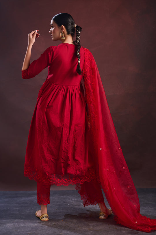 Red Embroidered A line Kurta Set
