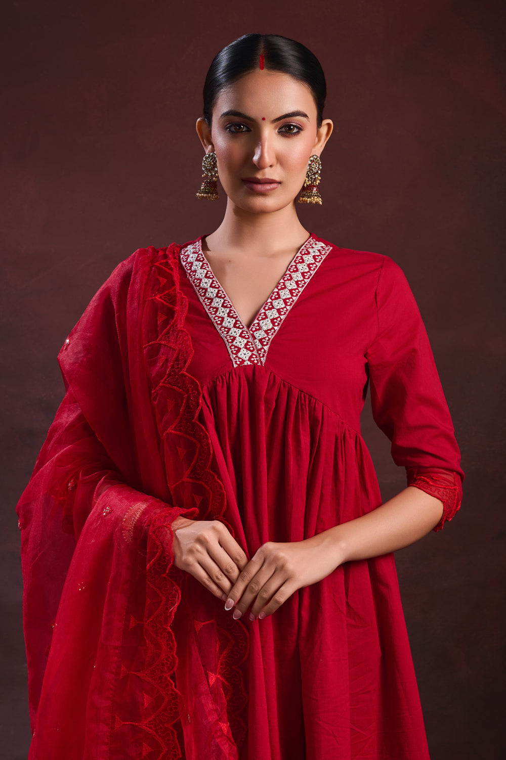 Red Embroidered A line Kurta Set