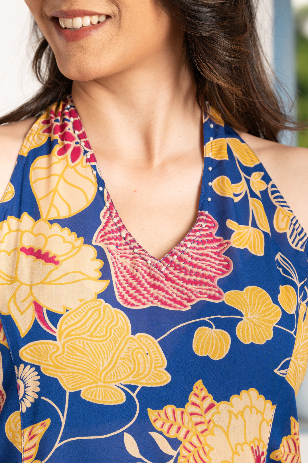 Halter Neck Floral Blue kurta pant set