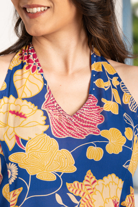 Halter Neck Floral Blue kurta pant set