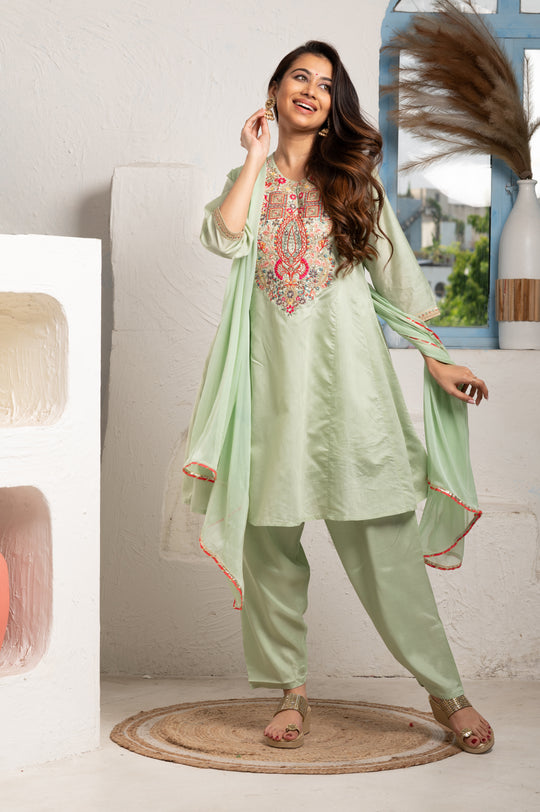 Multicolor Bead Embellishment Sage Green suit set