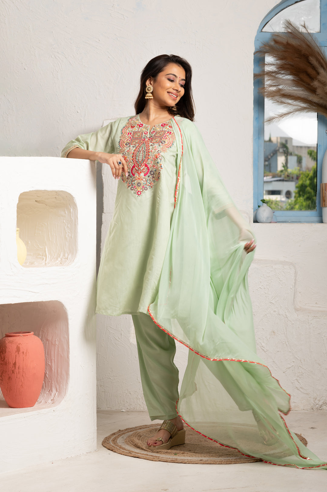 Multicolor Bead Embellishment Sage Green suit set