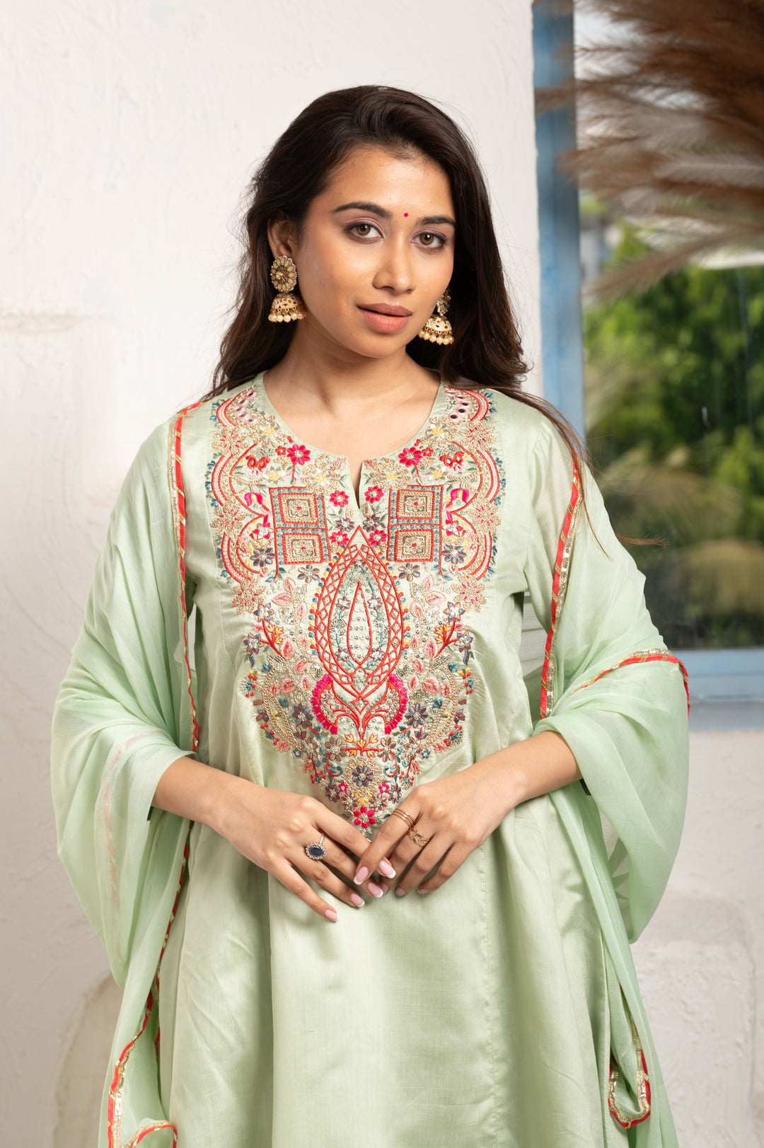 Multicolor Bead Embellishment Sage Green suit set