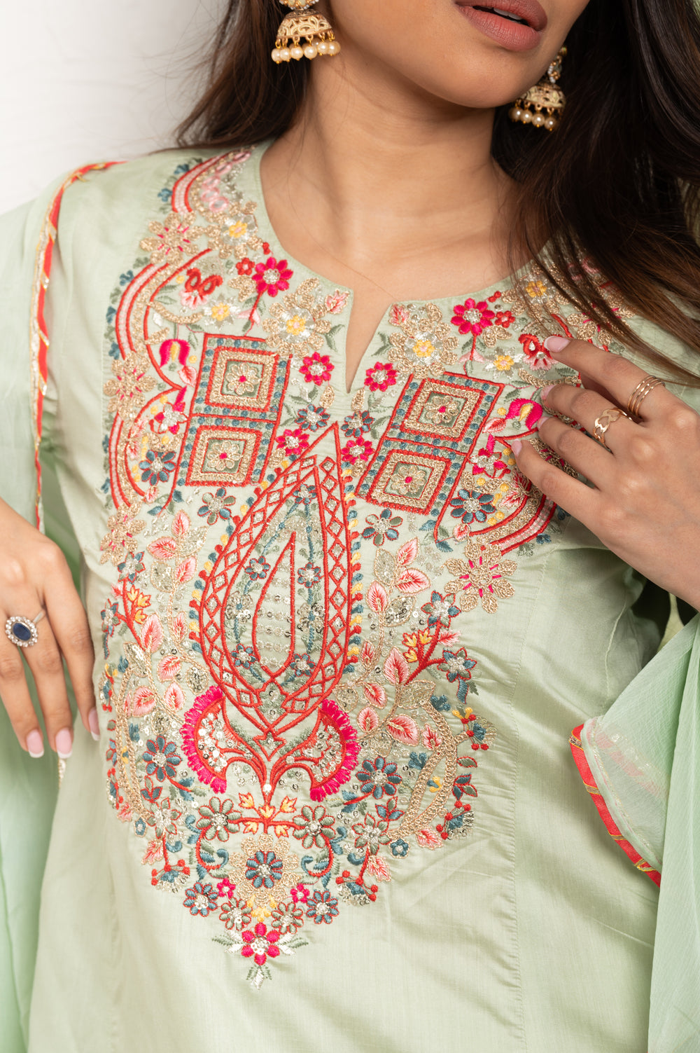 Multicolor Bead Embellishment Sage Green suit set