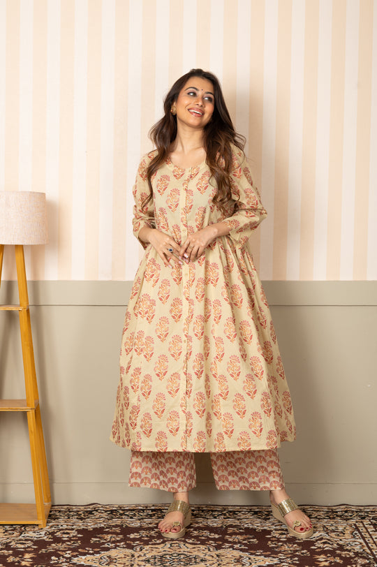 Floral Pink Print Kurta Pant Set