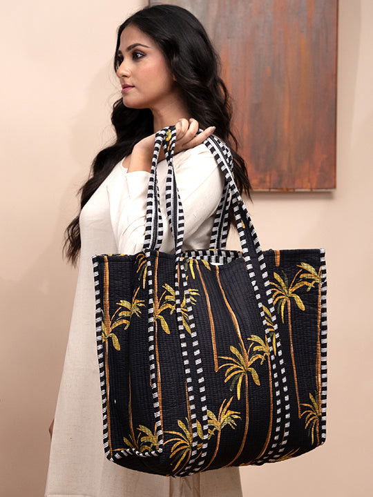 Tropical Printed Quilted Tote Bag with Inner Pocket Cult91