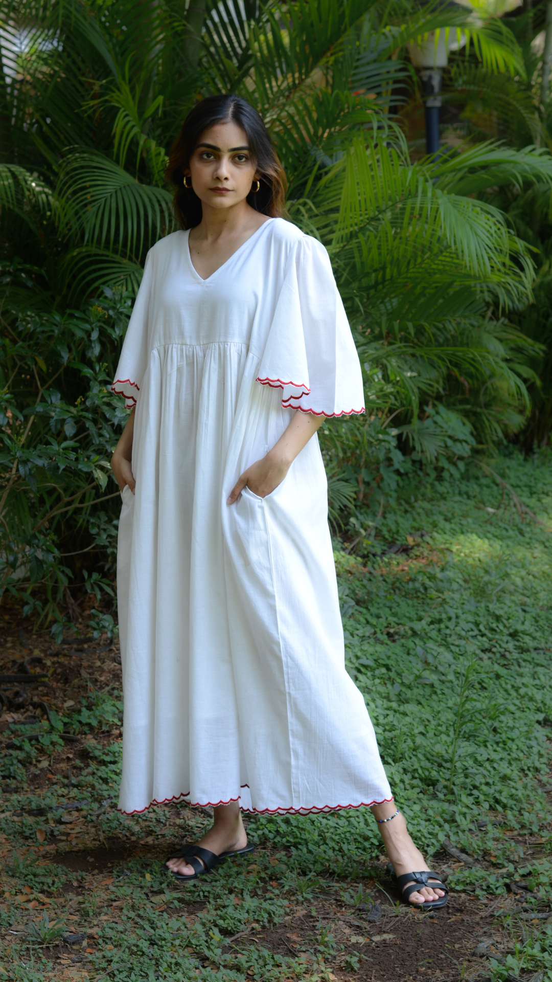 Women Cotton Scallop Vneck Loose Fit Dress White S/M Women Cotton Scallop Vneck Loose Fit Dress White S/M