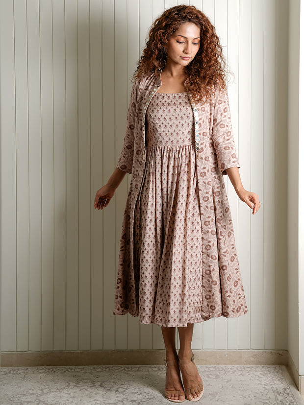 Brown Viscose Floral Jacket & Dress Set