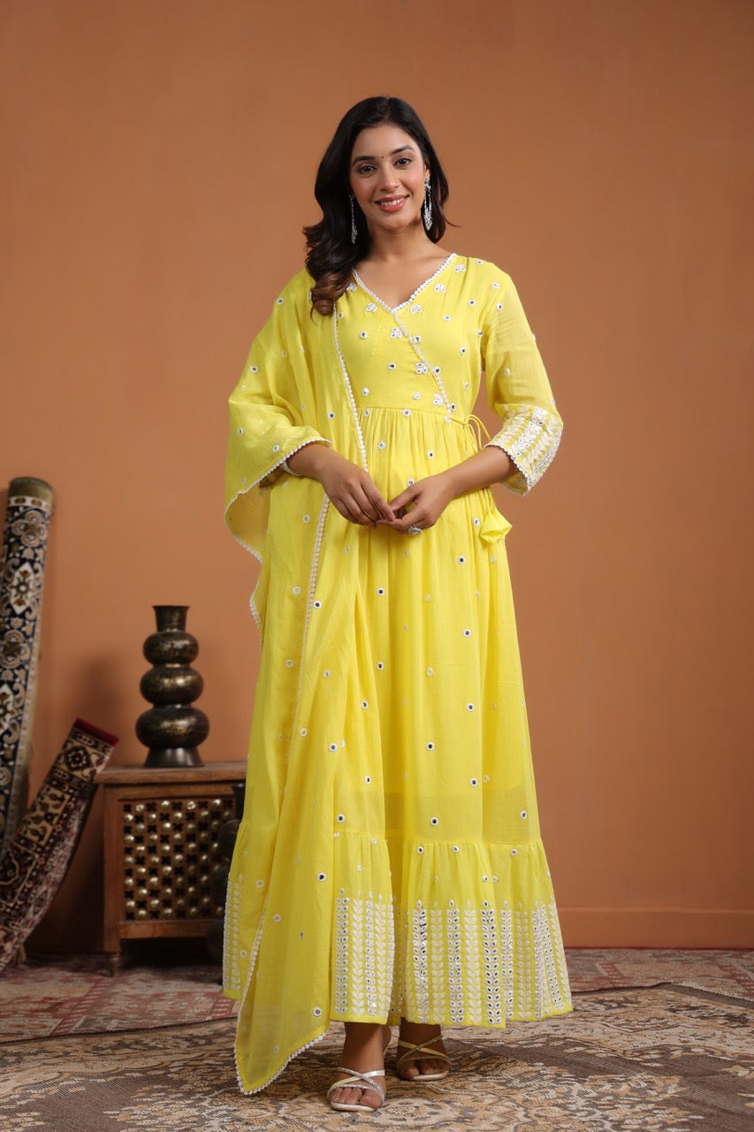 Yellow Embroidered Anarkali Angrakha Kurta set