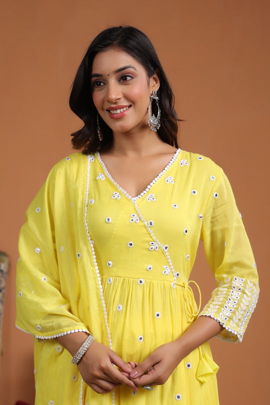 Yellow Embroidered Anarkali Angrakha Kurta set