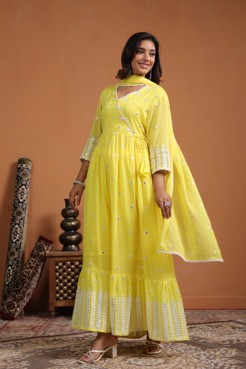 Yellow Embroidered Anarkali Angrakha Kurta set