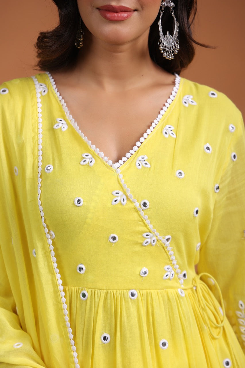 Yellow Embroidered Anarkali Angrakha Kurta set