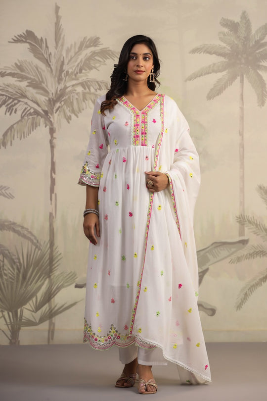 White Floral Embroidered Mirror Work Anarkali set