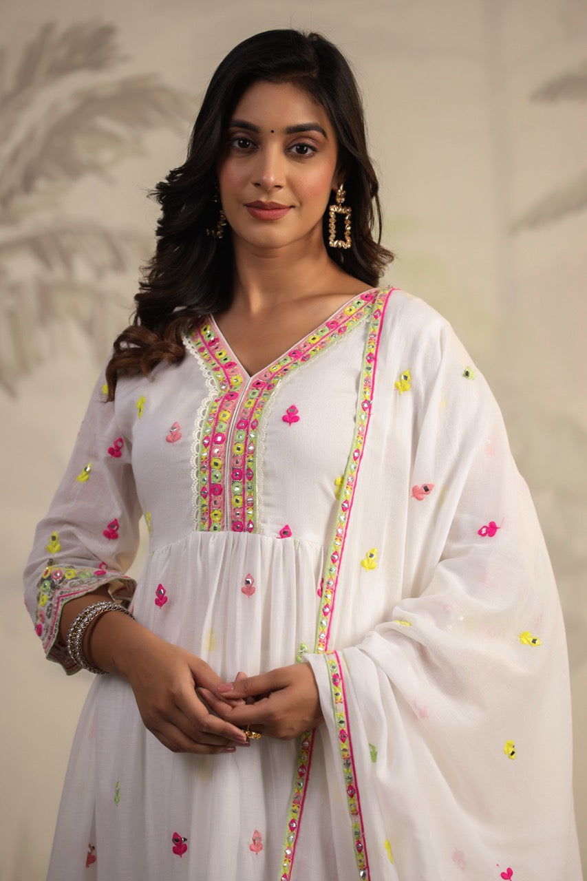 White Mirror Work Anarkali set