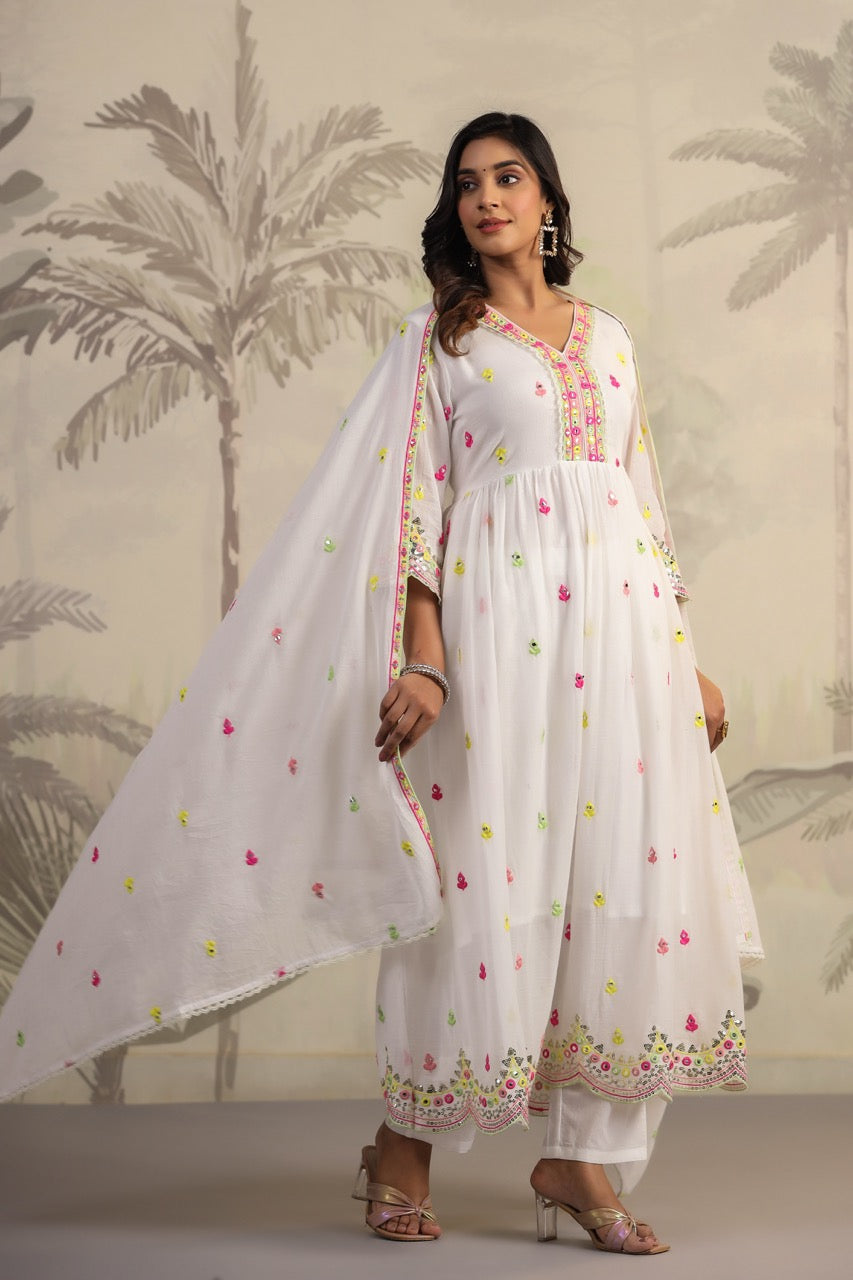 White Floral Embroidered Mirror Work Anarkali set