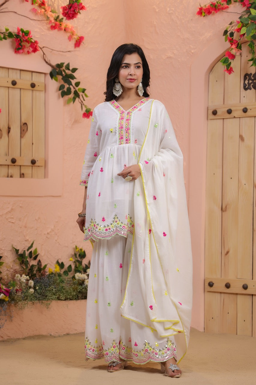 White Floral Embroidered Anarkali Kurta & Sharara Set