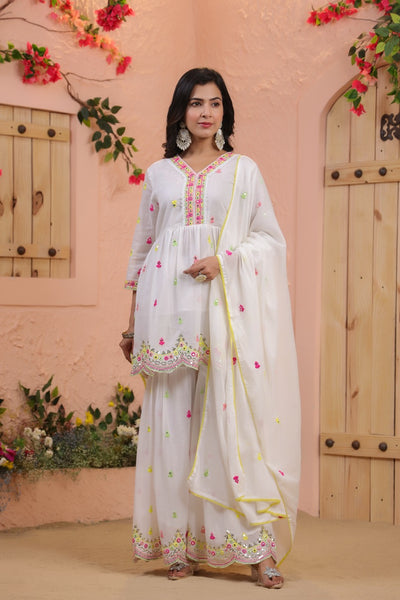 White Floral Embroidered Sharara Set