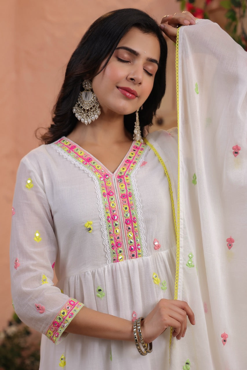 White Floral Embroidered Anarkali Kurta & Sharara Set