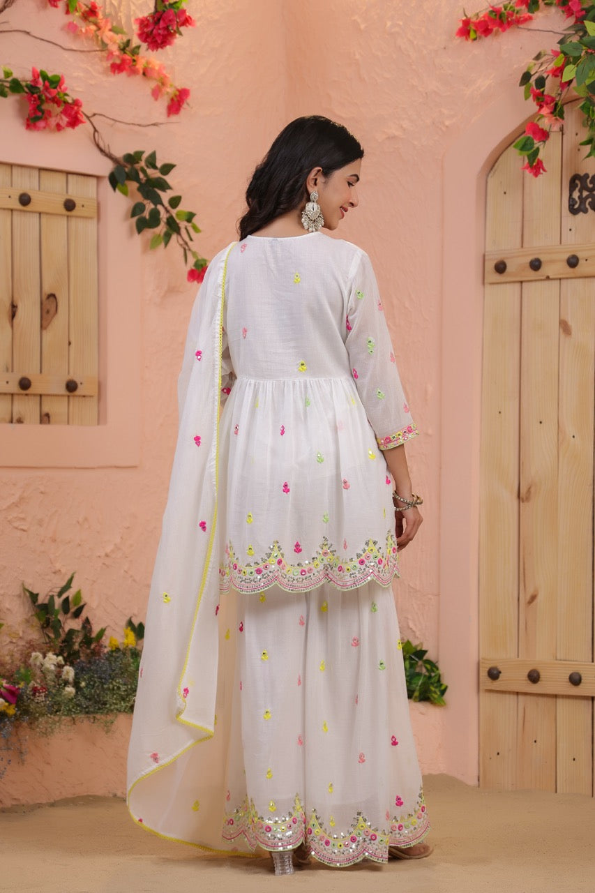 White Floral Embroidered Anarkali Kurta & Sharara Set