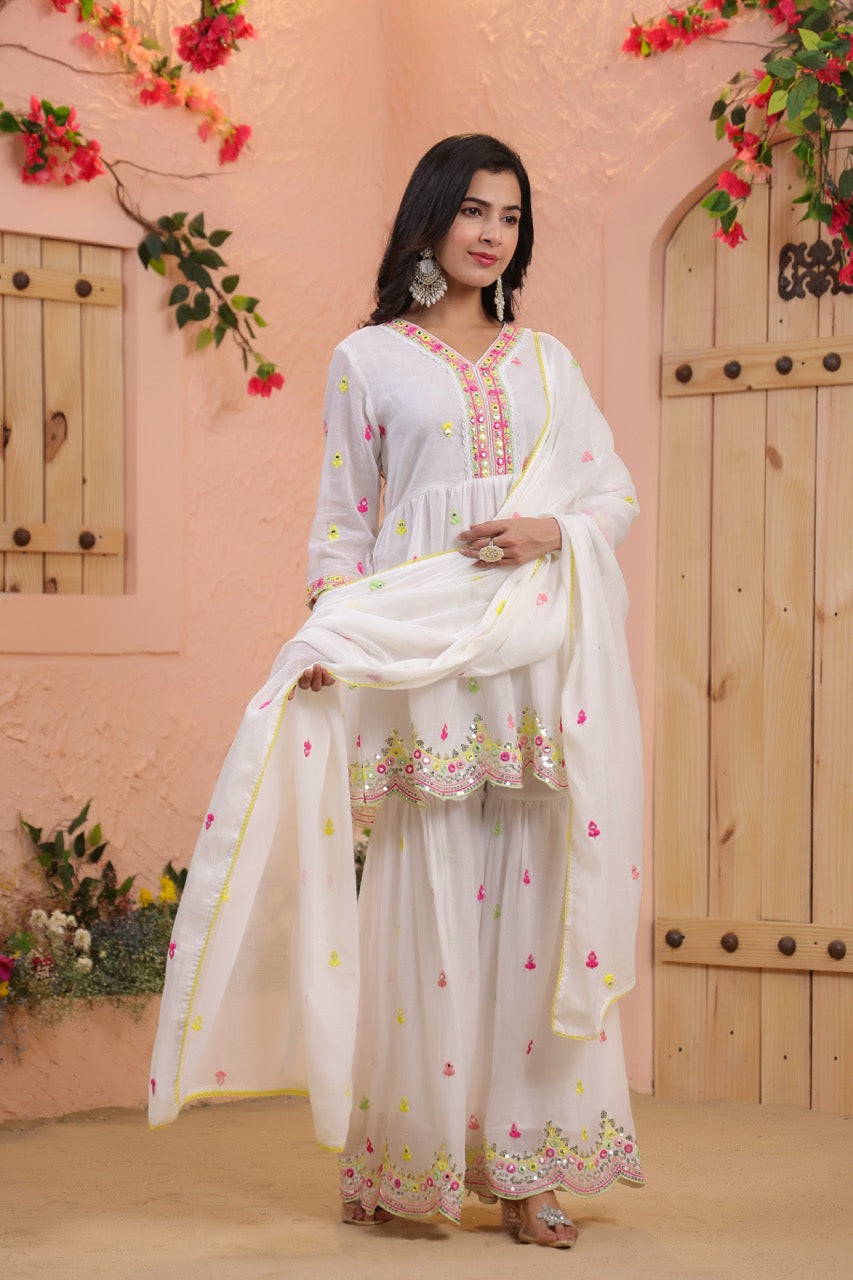 White Floral Embroidered Anarkali Kurta & Sharara Set