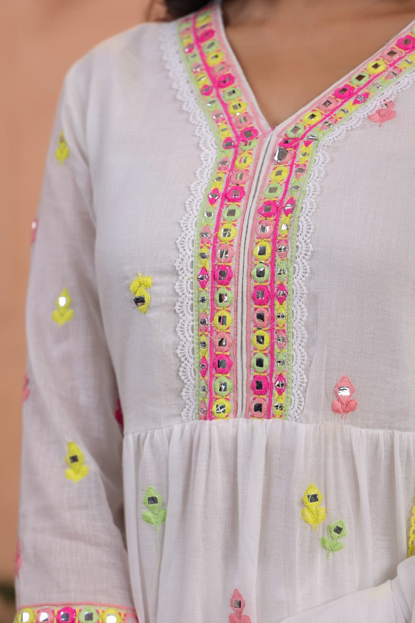 White Floral Embroidered Anarkali Kurta & Sharara Set