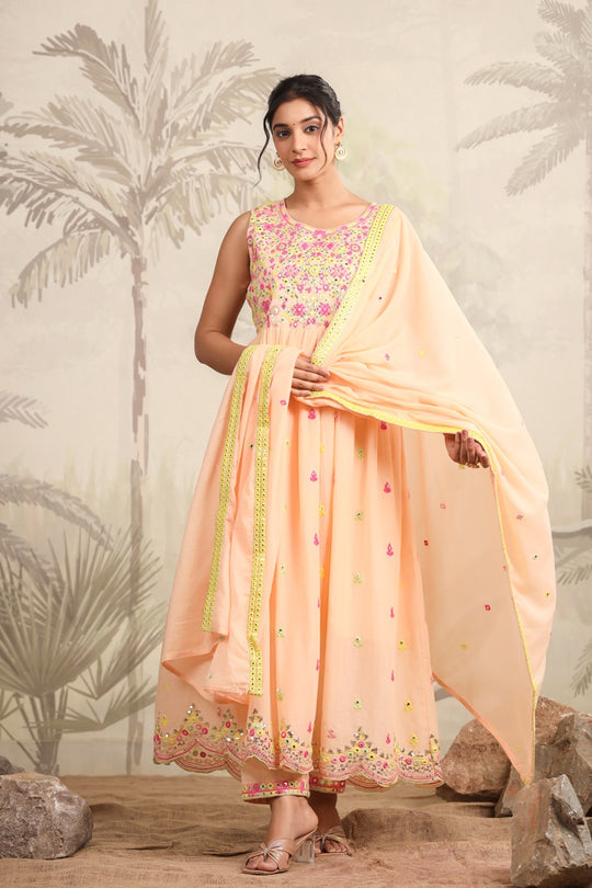 Peach Floral Embroidered Anarkali Kurta Set