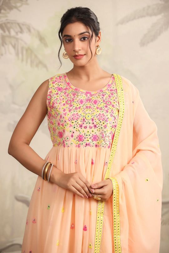 Peach Floral Embroidered Anarkali Kurta Set