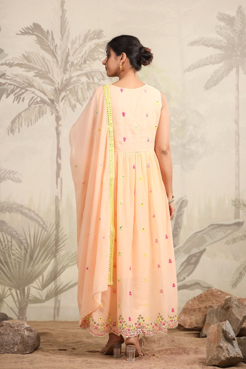 Peach Floral Embroidered Anarkali Kurta Set