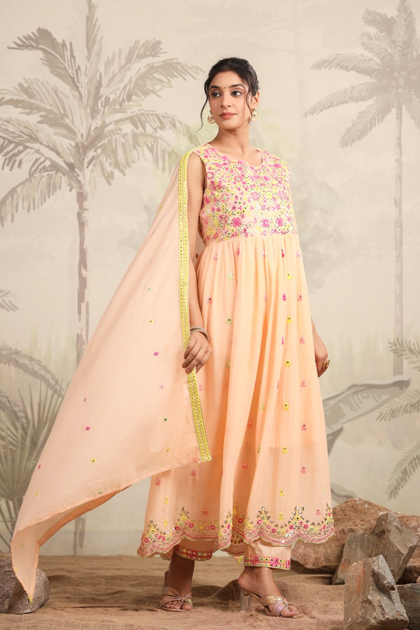 Peach Floral Embroidered Anarkali Kurta Set