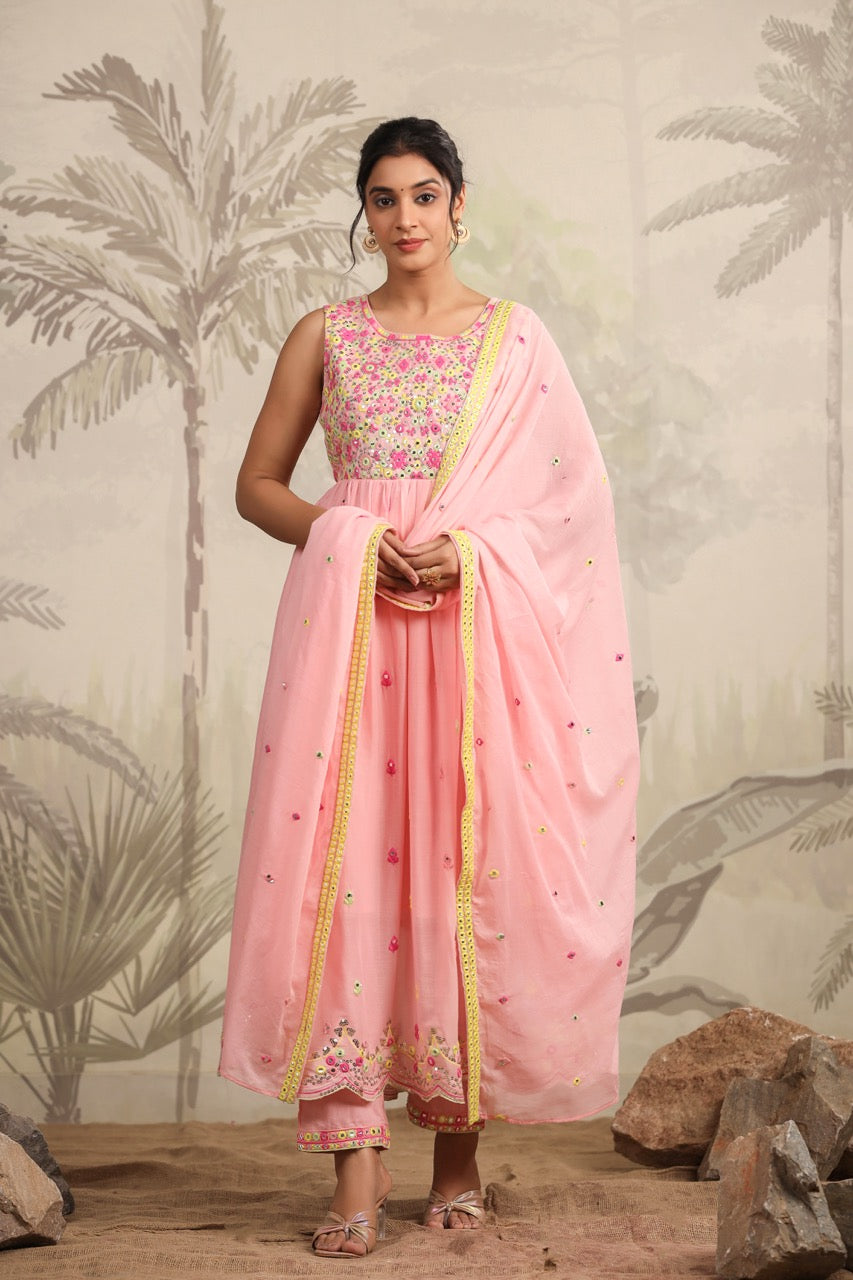 Pink Floral Embroidered Anarkali Kurta Set