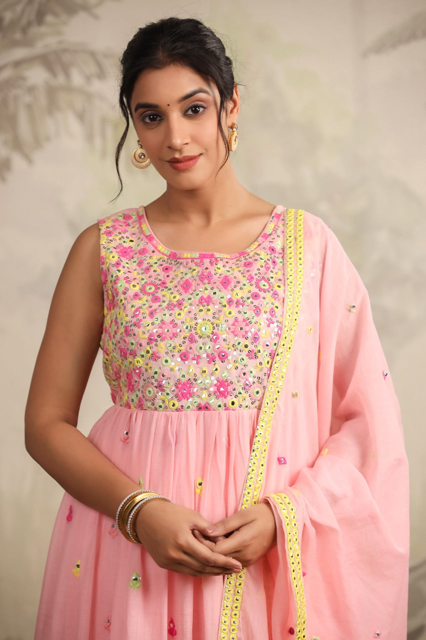 Pink Floral Embroidered Anarkali Kurta Set