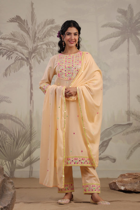 Peach Round Neck Floral Embroidered Regular Mirror Work Straight Kurta Set