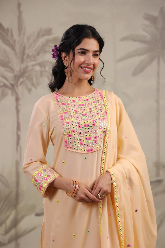 Peach Round Neck Floral Embroidered Regular Mirror Work Straight Kurta Set