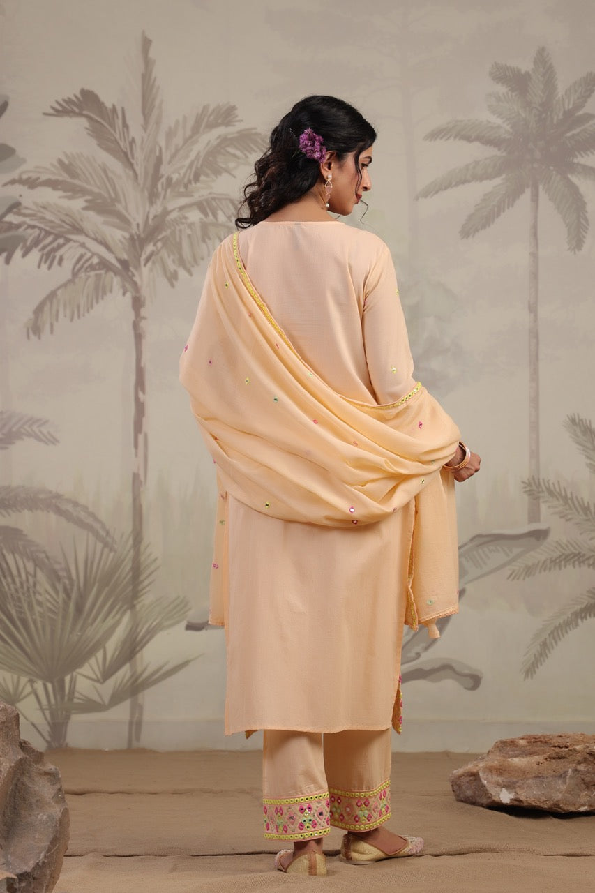 Peach Round Neck Floral Embroidered Regular Mirror Work Straight Kurta Set