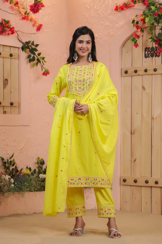 Yellow Floral Embroidered Straight Kurta Set