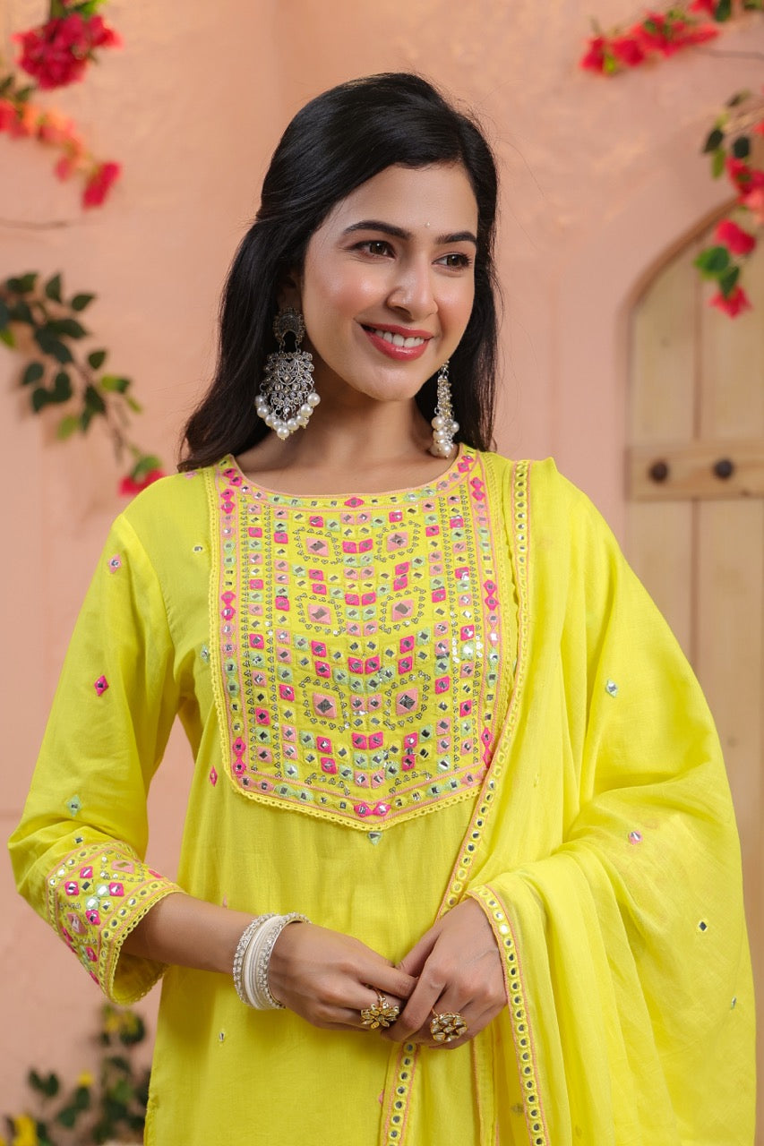 Yellow Floral Embroidered Straight Kurta Set