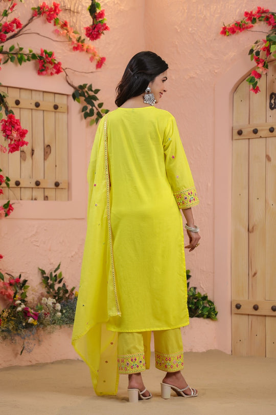 Yellow Floral Embroidered Straight Kurta Set