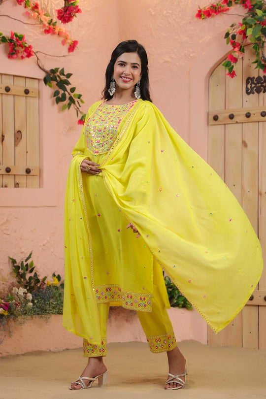 Yellow Floral Embroidered Straight Kurta Set