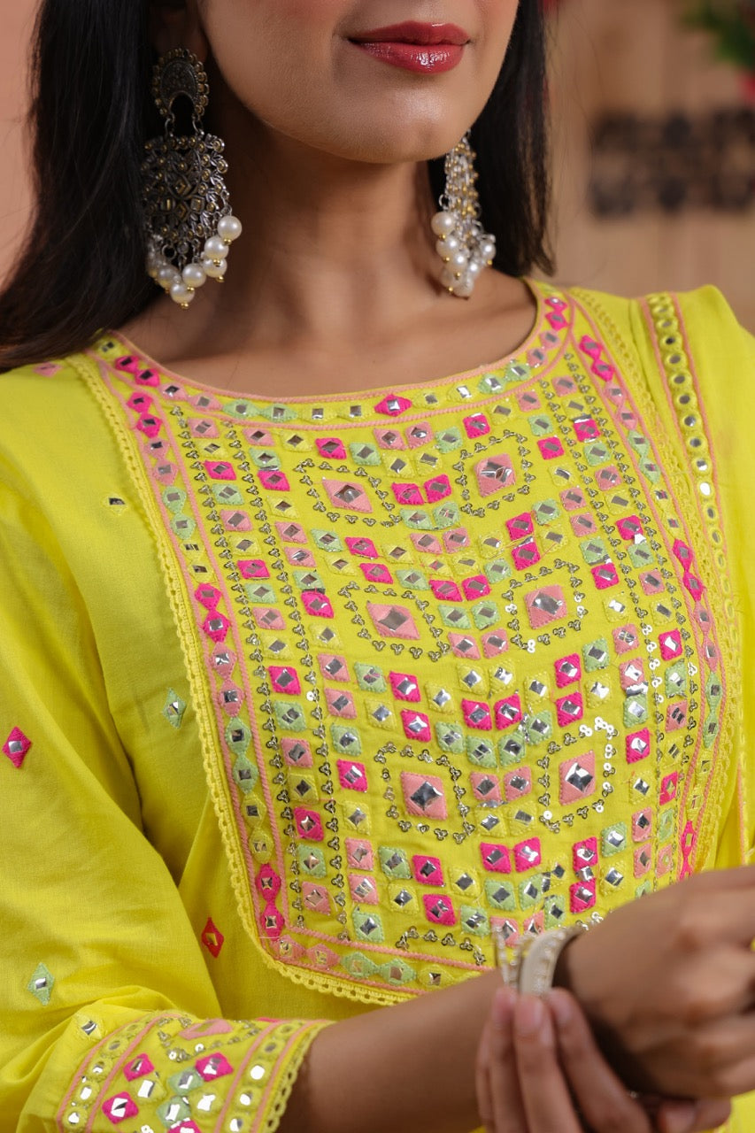 Yellow Floral Embroidered Straight Kurta Set