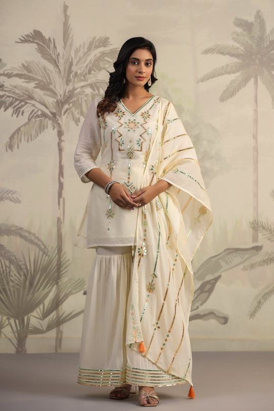 White Embroidered Gota Patti Kurti & Sharara Set