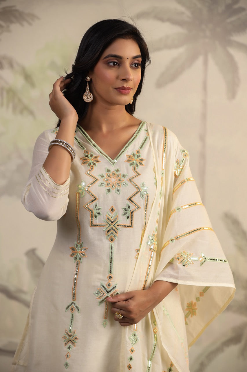 White Embroidered Gota Patti Kurti & Sharara Set