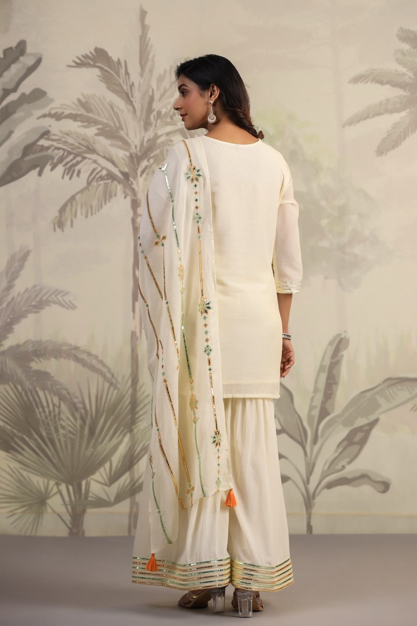 White Embroidered Gota Patti Kurti & Sharara Set