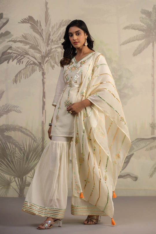 White Embroidered Gota Patti Kurti & Sharara Set